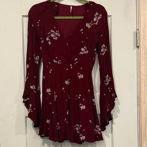 Free People Maroon Floral Long Sleeve Dress